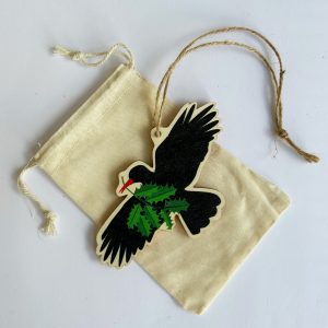 'Chough with Holly' Wooden Decoration